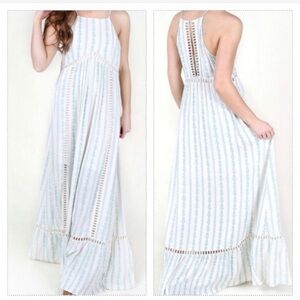 NWT M Boho Striped Blue Floral Halter Maxi Altard State Cream Dress